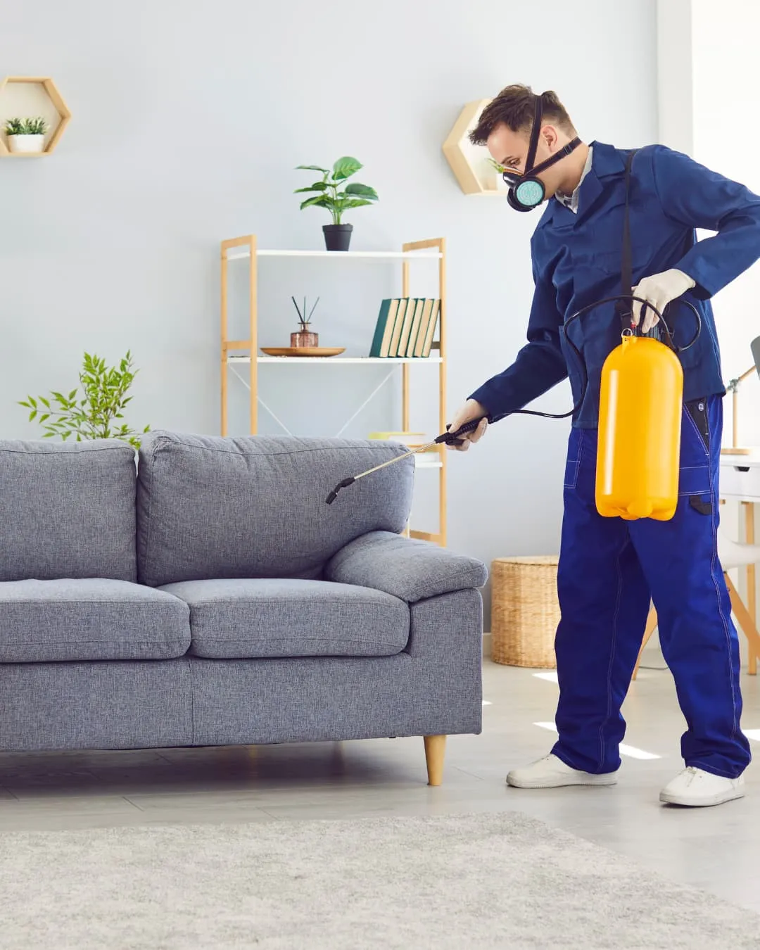 Person in blue overalls, wearing a respirator, sprays pest control on a gray couch in a living room. Shelves with plants in background.