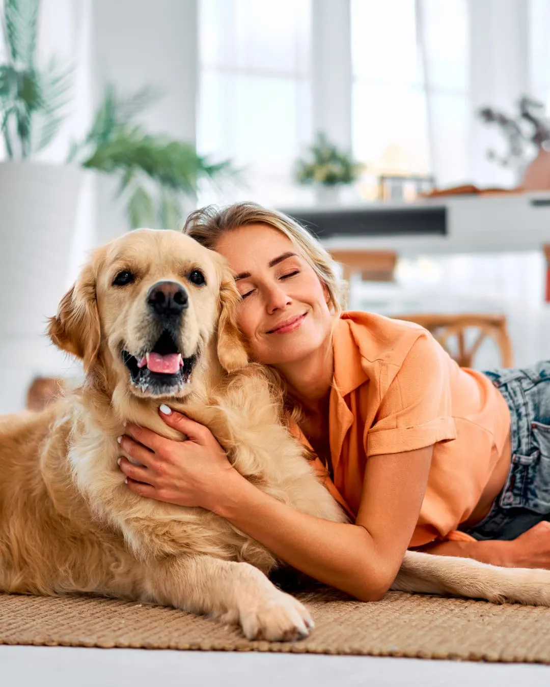 Woman in orange shirt hugging a golden retriever indoors. Cozy setting with plants, sunlight, and warm, joyful expressions.