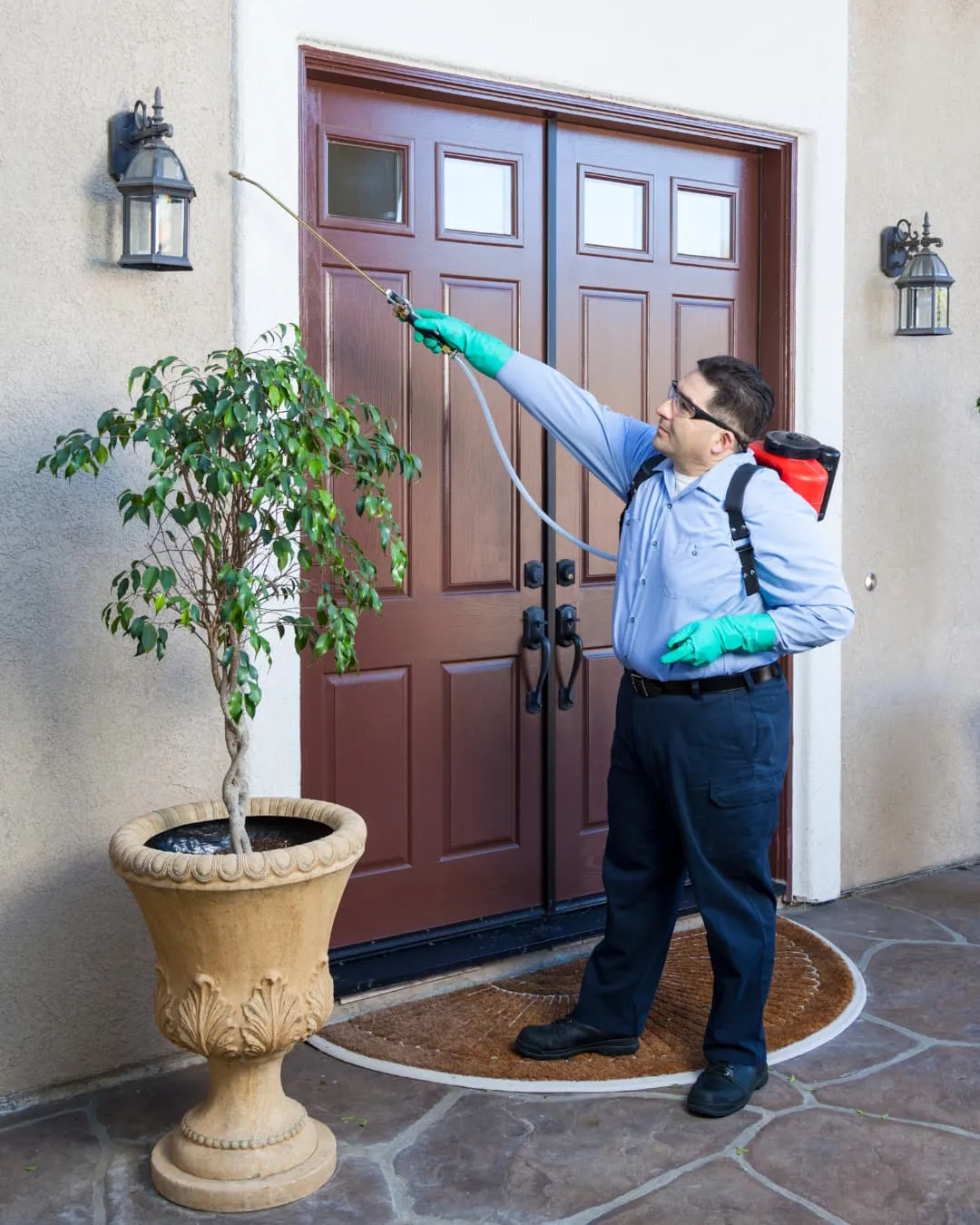 A man in gloves sprays pesticide near a brown door, standing on a stone patio. He's wearing a backpack sprayer, with a potted plant nearby.