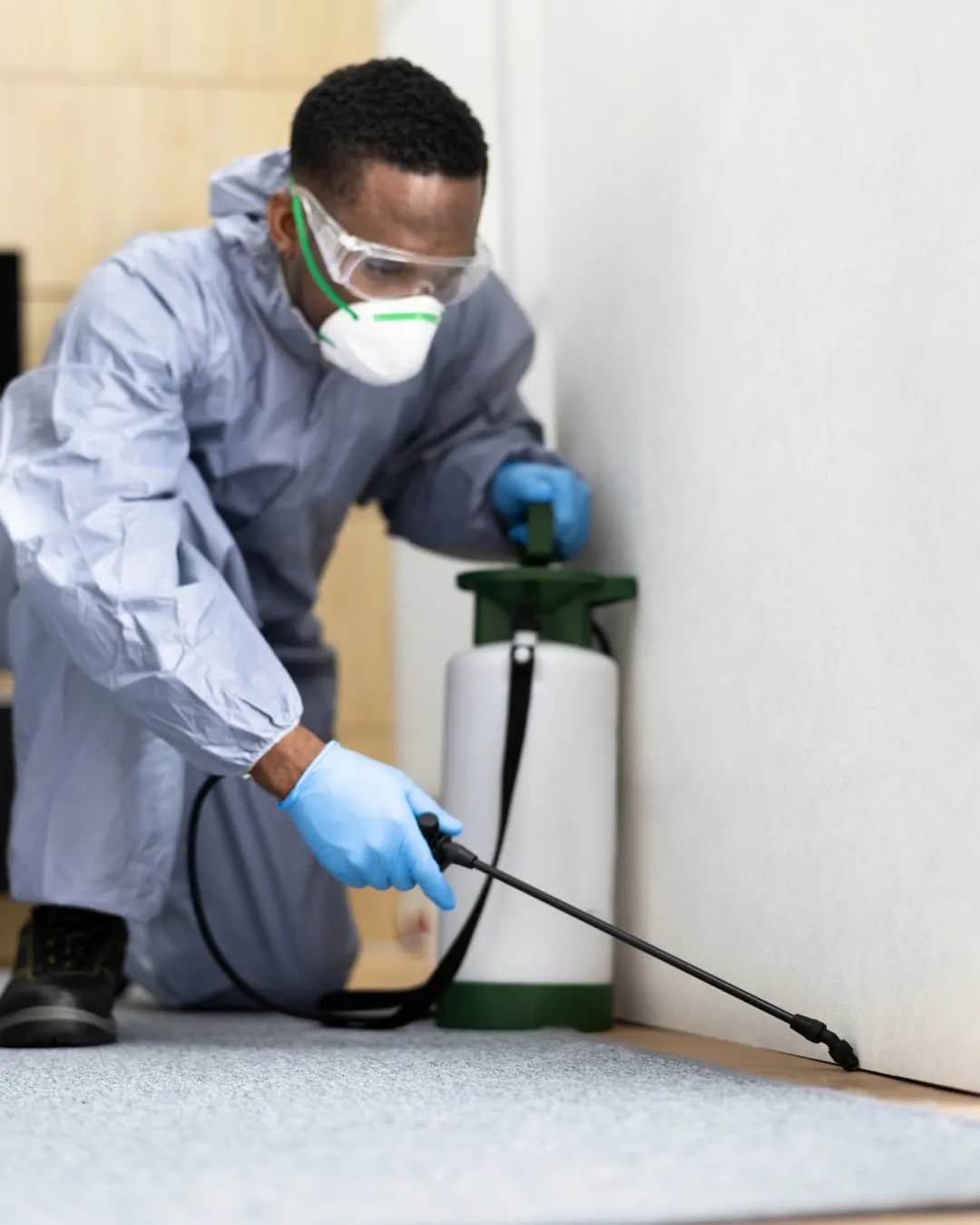 A person in protective gear sprays pesticide along a wall indoors. They're wearing blue gloves, a gray suit, mask, and goggles.