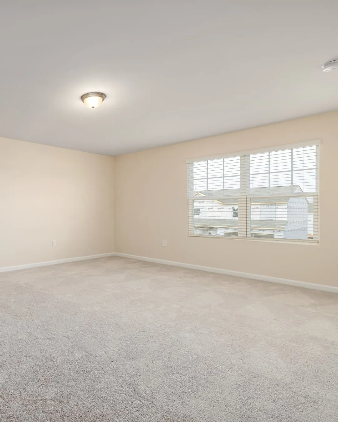 Empty beige room with carpet, featuring a window with blinds. Ceiling light is on, and a house is visible outside. Calm, neutral setting.