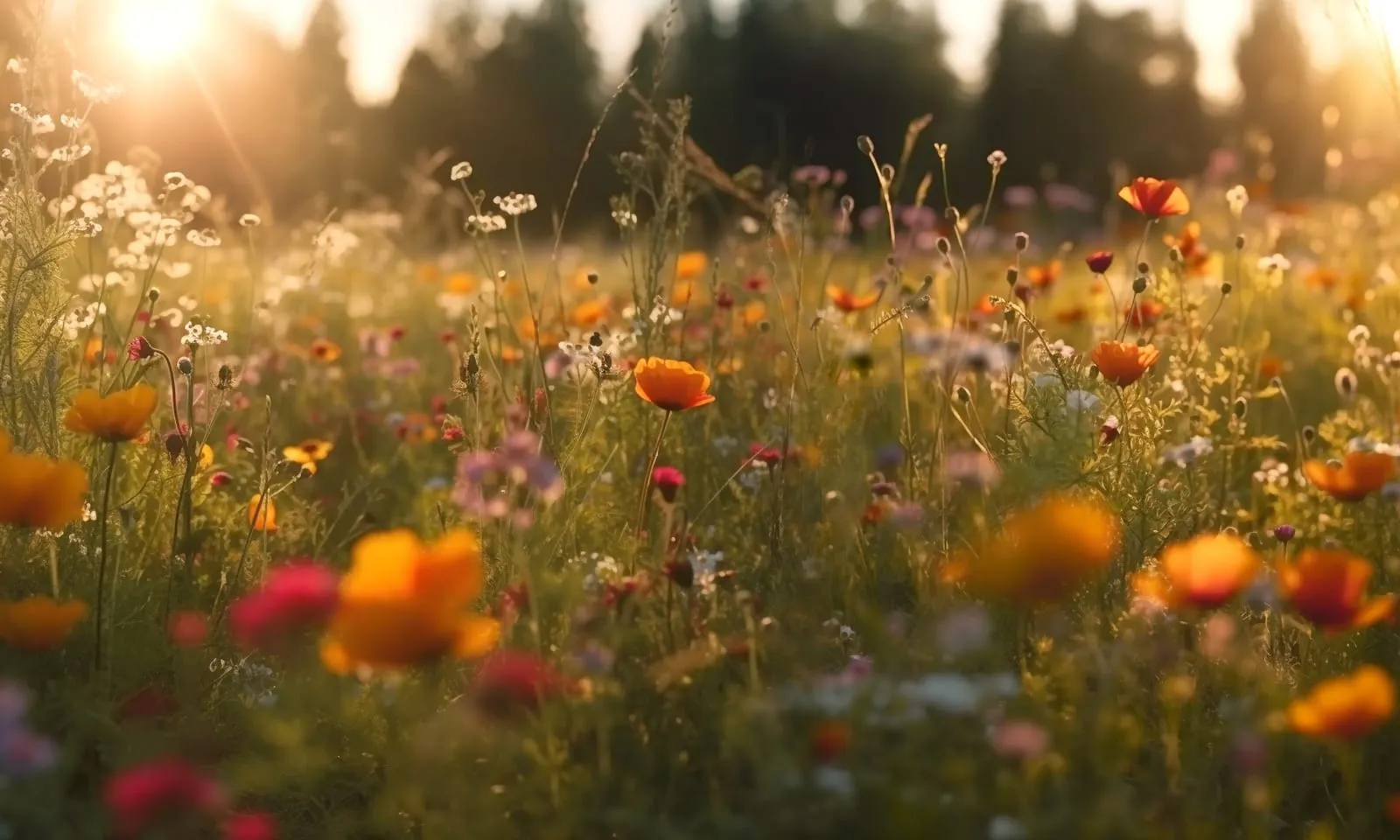 Wildflowers in a sunlit meadow with vibrant orange and pink blooms. Soft sunlight creates a warm, serene atmosphere. No text visible.