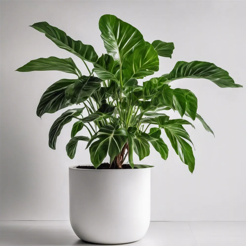 Lush green plant with large leaves in a white pot, set against a plain light gray background. Bright, modern, and minimalist vibe.