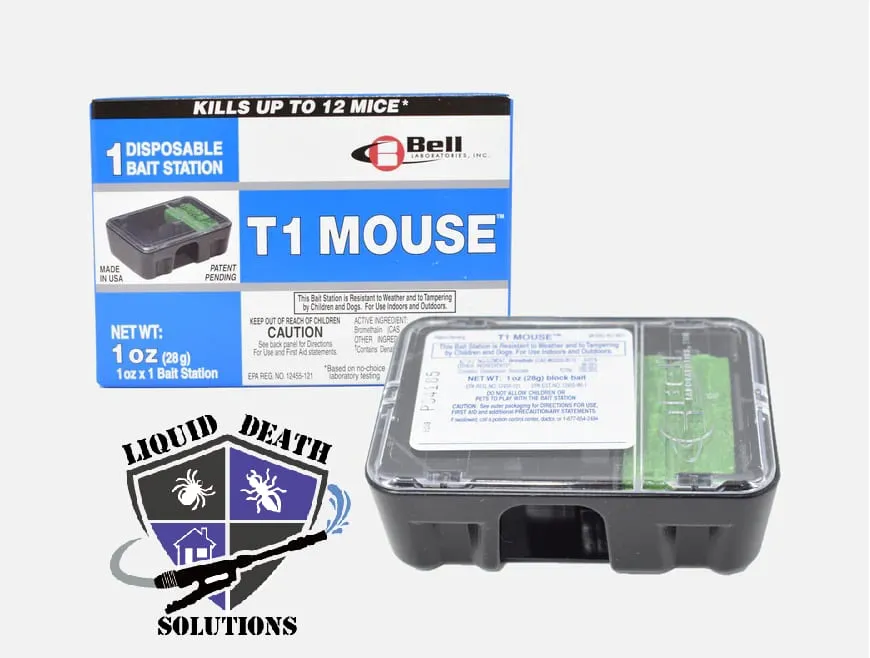 Mouse bait station package with blue and black design. Text reads "Kills up to 12 mice" and "T1 Mouse". Includes "Liquid Death Solutions" logo.