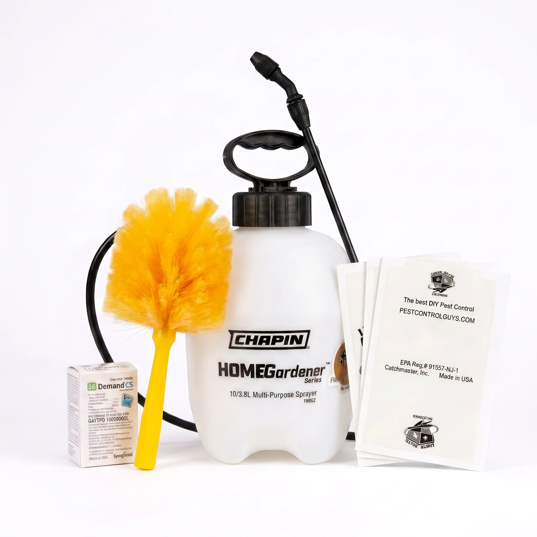 The Killer Pro Pack kit laid out on a white background: a pump sprayer, a de-webbing brush, a concentrate box, and instruction cards.