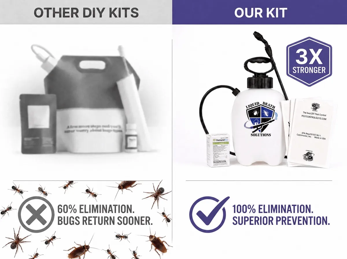 Side-by-side comparison: other DIY kits reach 60% elimination and bugs return sooner; our 3X-stronger kit reaches 100% elimination with superior prevention.