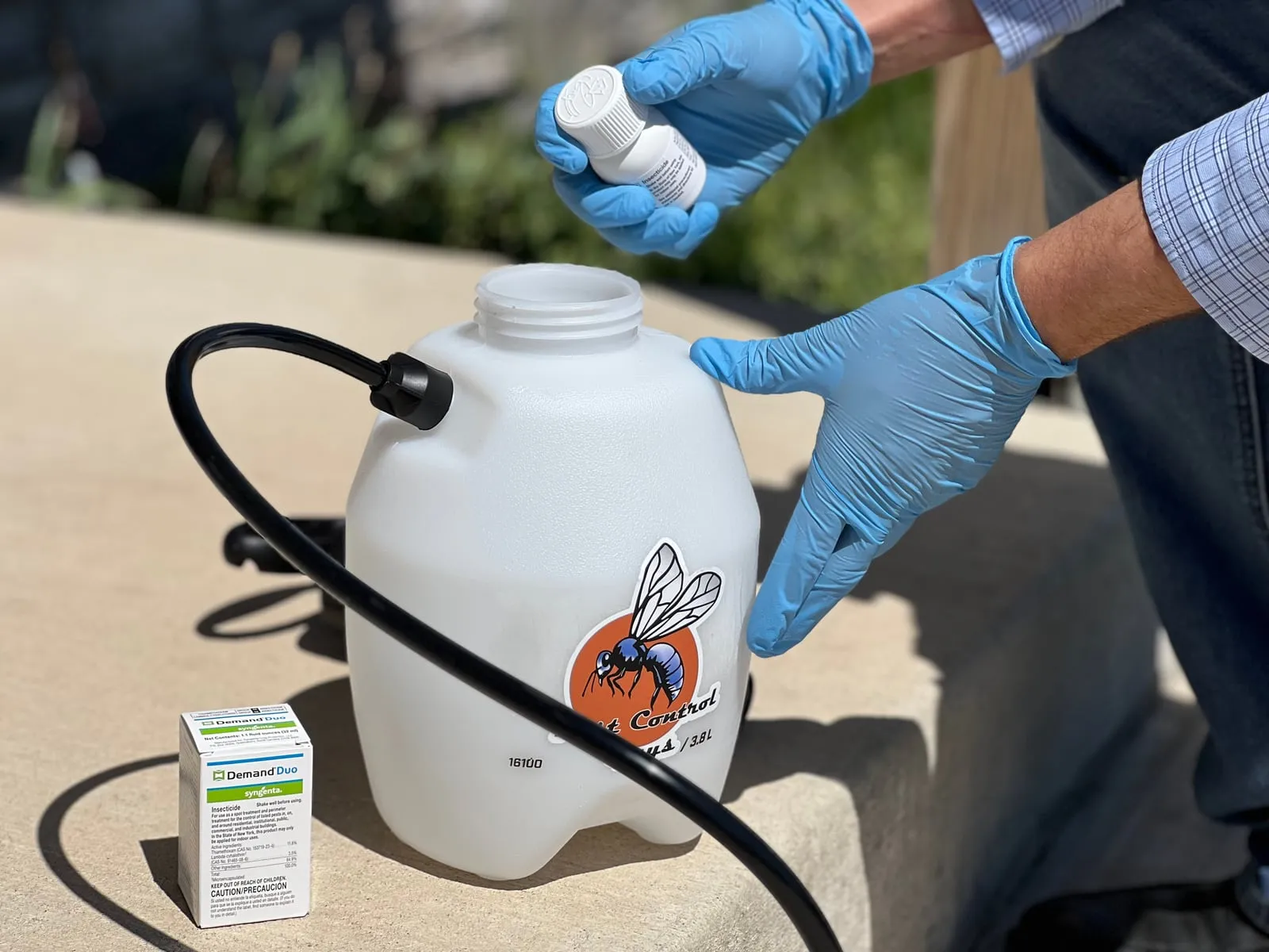 Measuring the treatment concentrate into the pump sprayer before mixing with water.