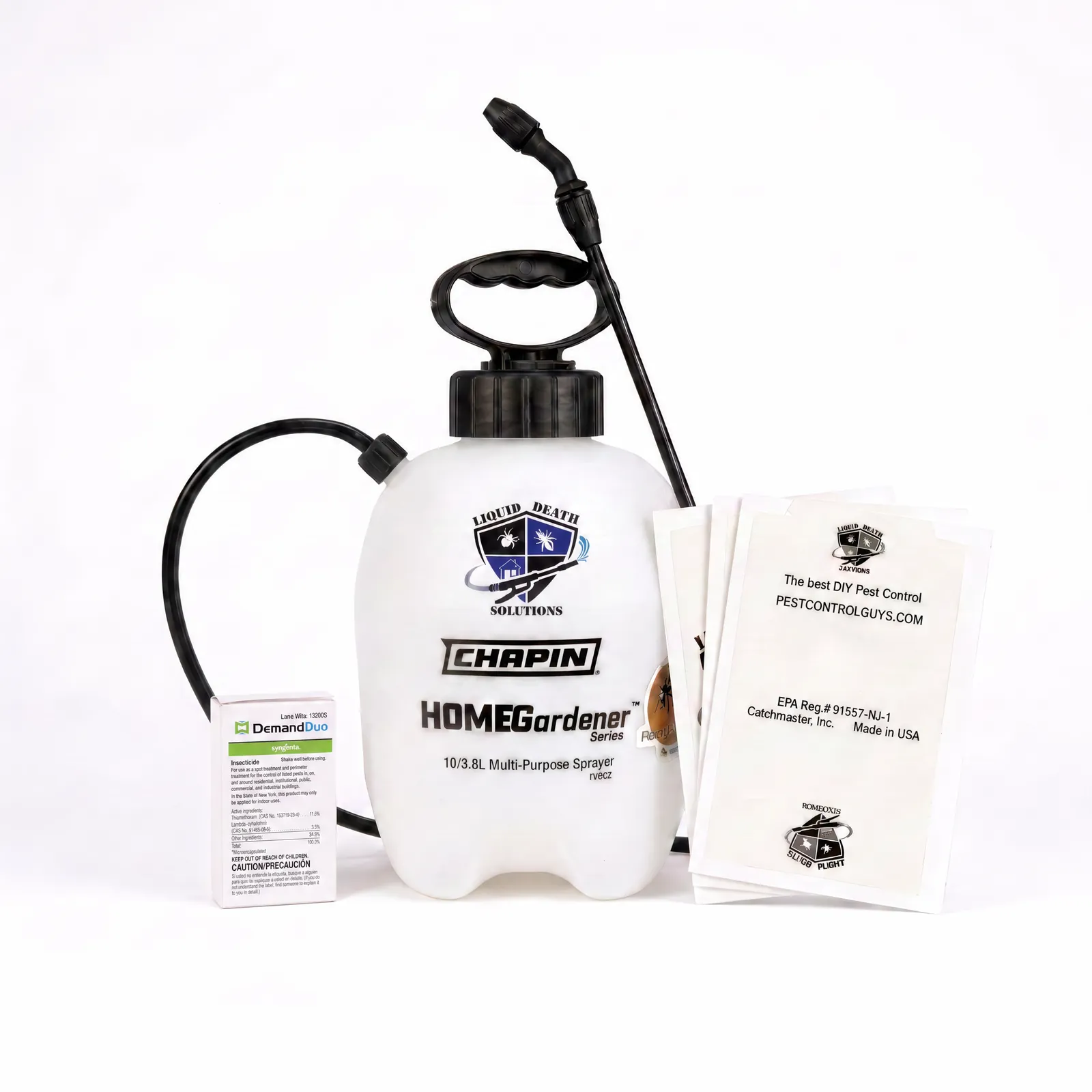 The Killer Pro Pack kit laid out: a pump sprayer, a de-webbing brush, a concentrate box, and instruction cards.